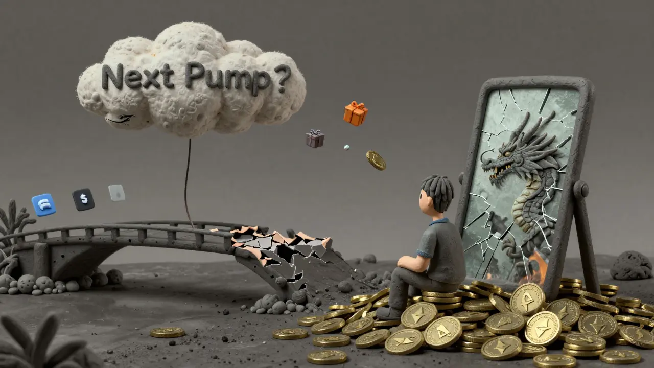 A figure sits among burning SMOG tokens, staring at a mirror reflecting &#039;Next Pump?&#039; as a broken bridge fades behind.