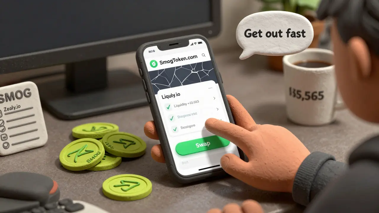 A hand hovers over a DEX swap button, surrounded by SMOG tokens and a coffee cup labeled with low liquidity.