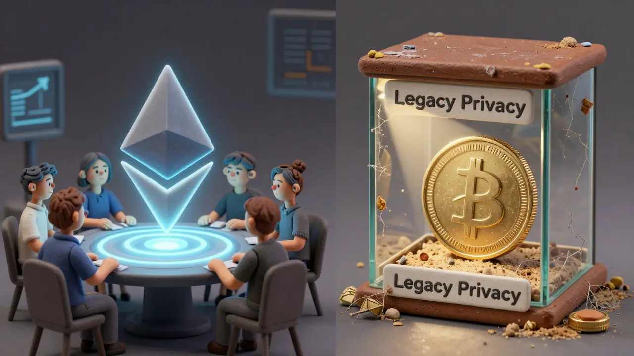 A legacy Monero coin rests beside a modern Ethereum privacy system, symbolizing two futures.