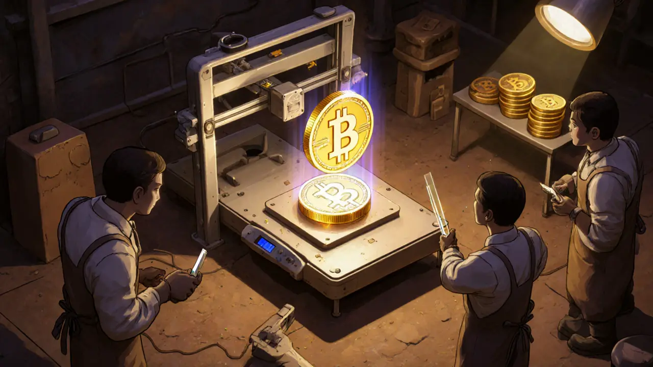 An engineer scans a 3D-printed object that transforms into a blockchain token in a clay-textured workshop.