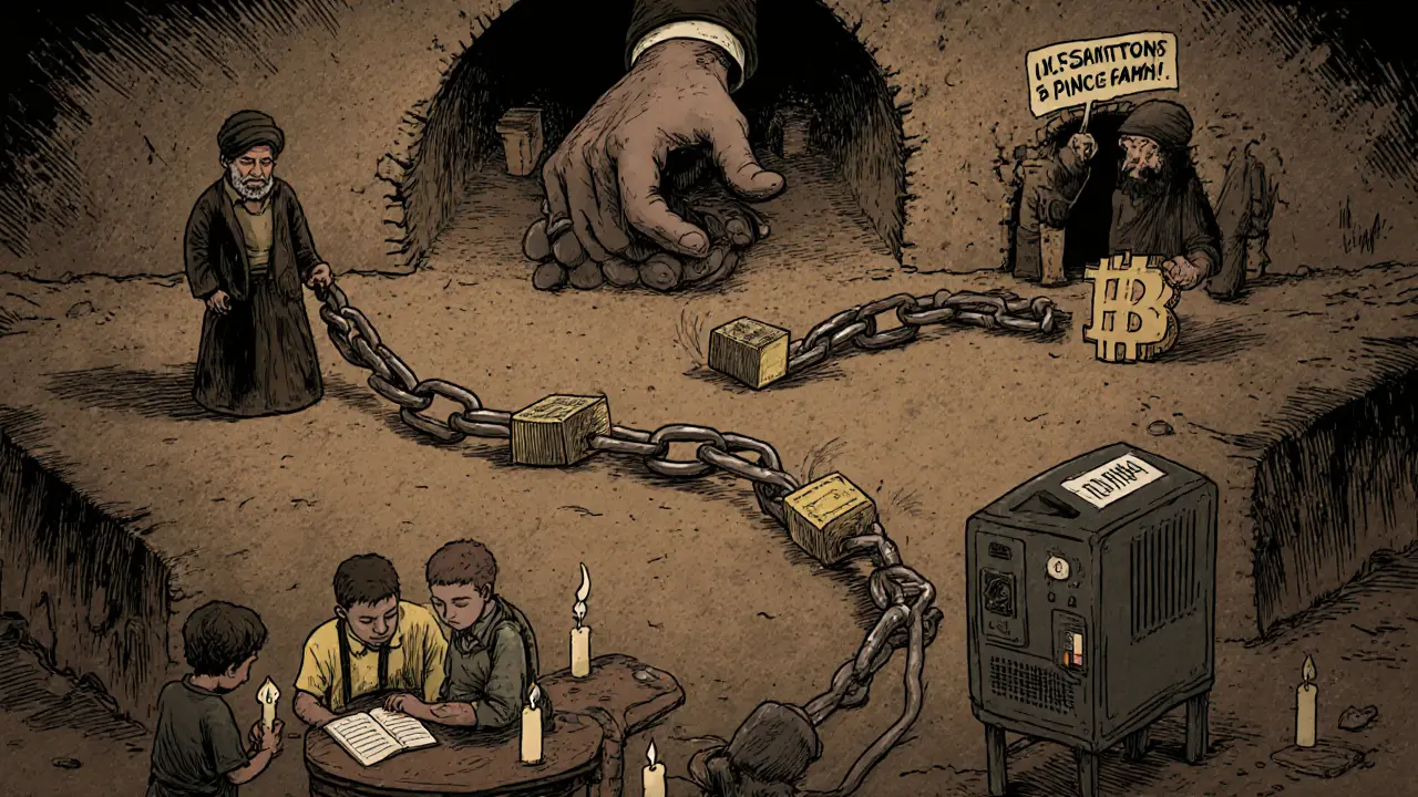 Bitcoin blocks flowing from an Iranian mining farm to foreign militias, while children study by candlelight and a hospital generator fails below.