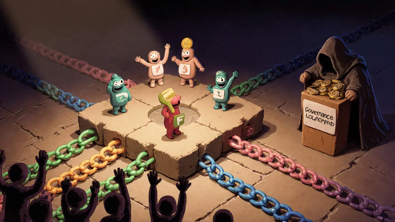 Clay launchpad with five chains and community members voting, while a scammer flees with fake tokens.