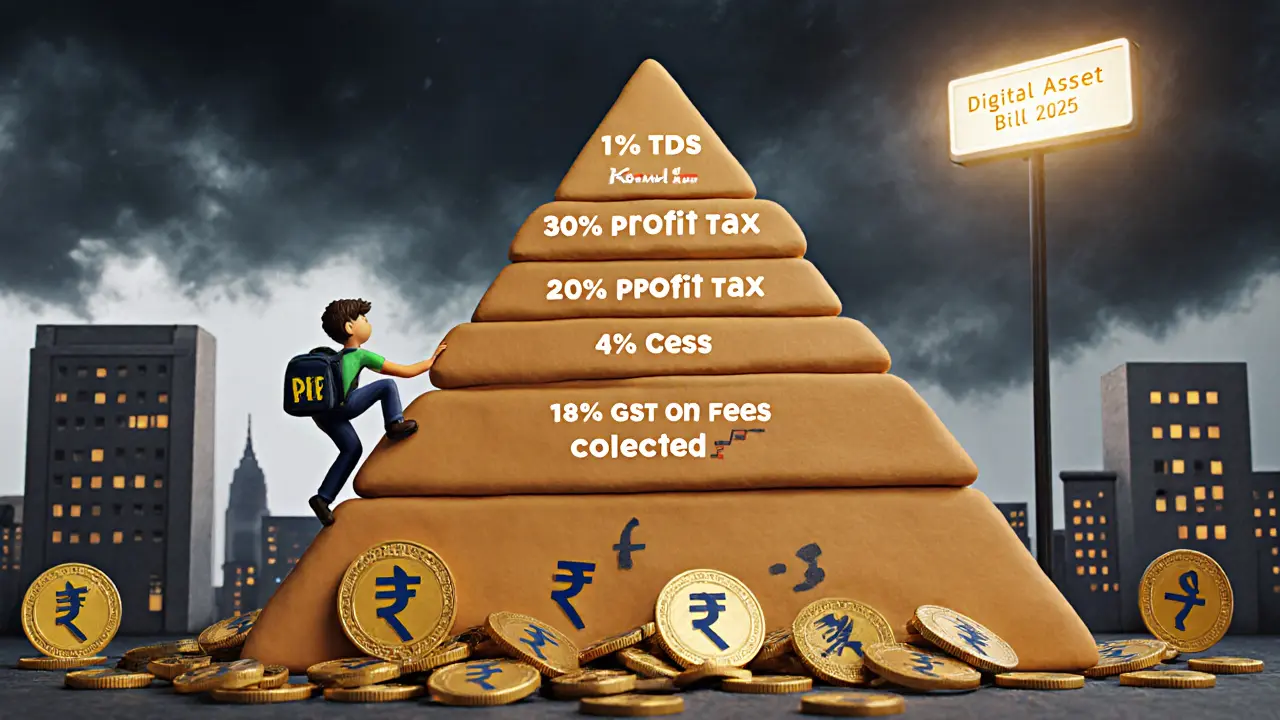 Clay pyramid of crypto taxes towers over a tiny trader climbing toward a bill