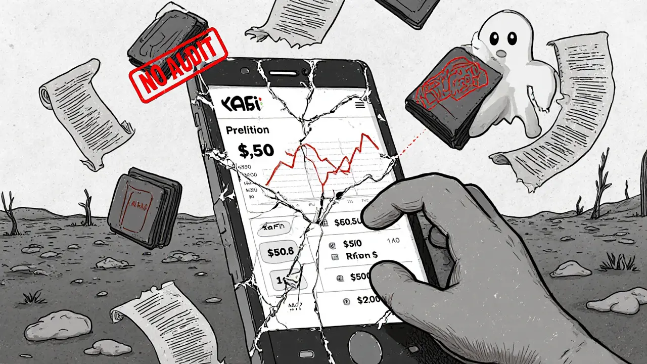 Clay smartphone showing KALA price crash, surrounded by small wallets and a &#039;No Audit&#039; stamp.