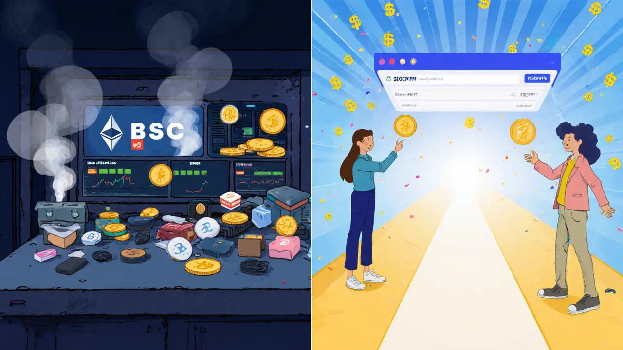 Clay-style comparison: chaotic old crypto exchange vs. simple TON-based STON.fi v2 with low fees.