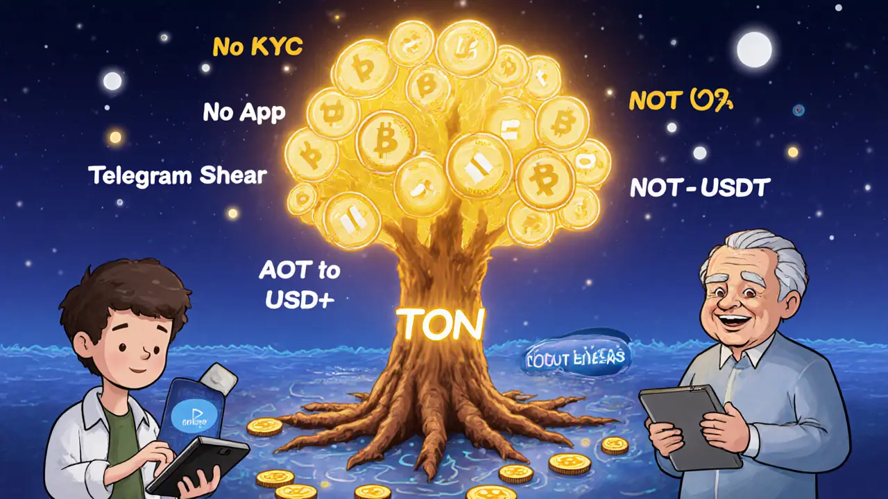 Clay-style scene of diverse users trading TON ecosystem tokens via STON.fi v2 on mobile and tablet.