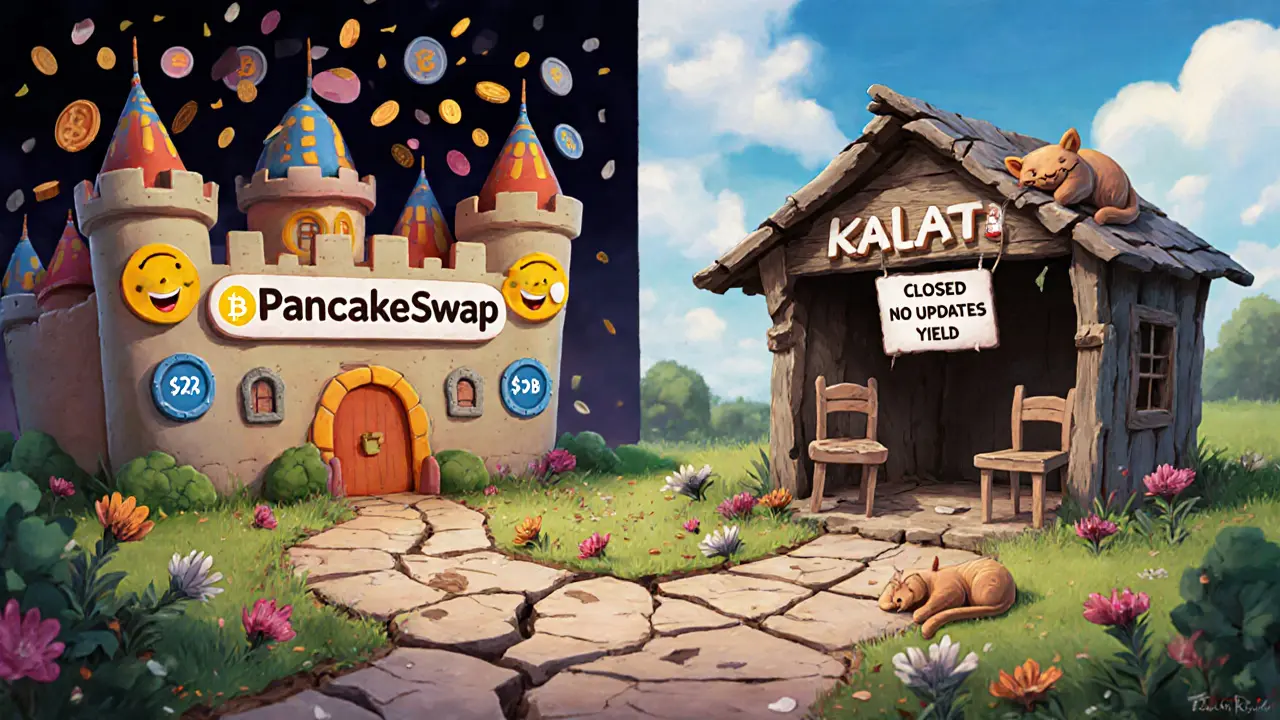 Contrasting clay fortress of PancakeSwap vs. crumbling Kalata shack with abandoned roadmap.
