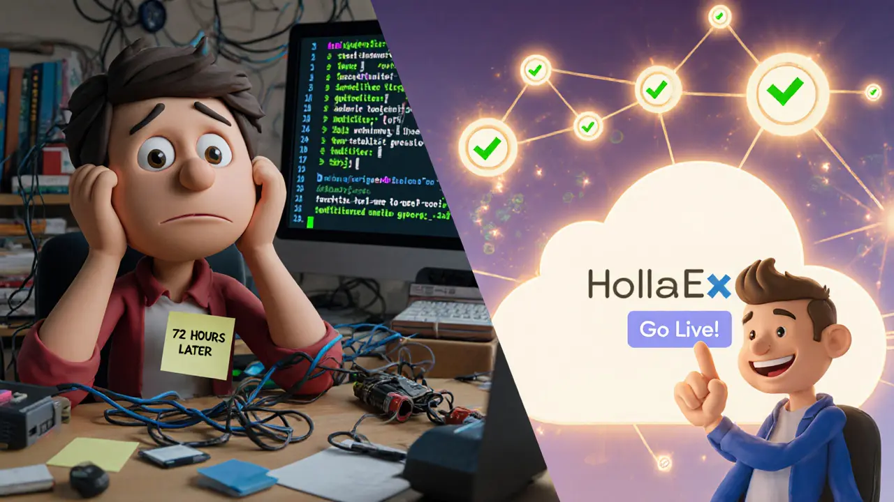 Developer struggling with self-hosted code vs. smooth cloud-hosted HollaEx interface with global liquidity connections.