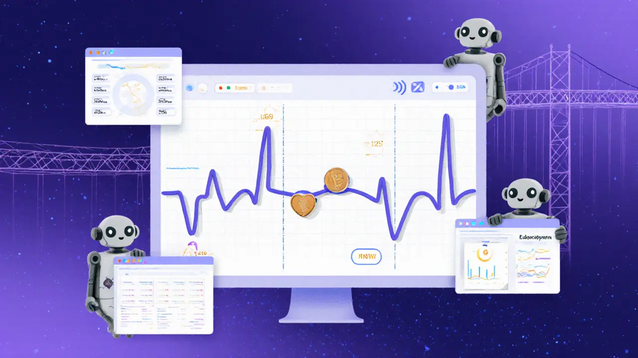 EKG monitor made of clay wallets showing real vs. fake activity, analyzed by robotic analytics tools.