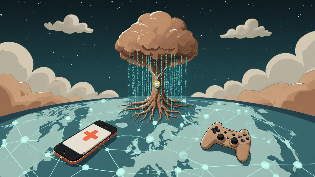 Global 3D objects like jewelry and medical devices connect via glowing threads to a blockchain tree in a twilight scene.