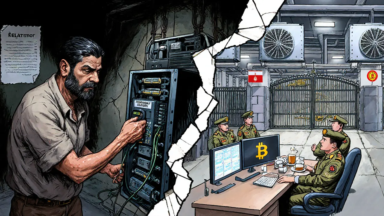 Split scene: a struggling private miner in a dim basement vs. an IRGC mining facility with armored guards and flashing Bitcoin monitors.