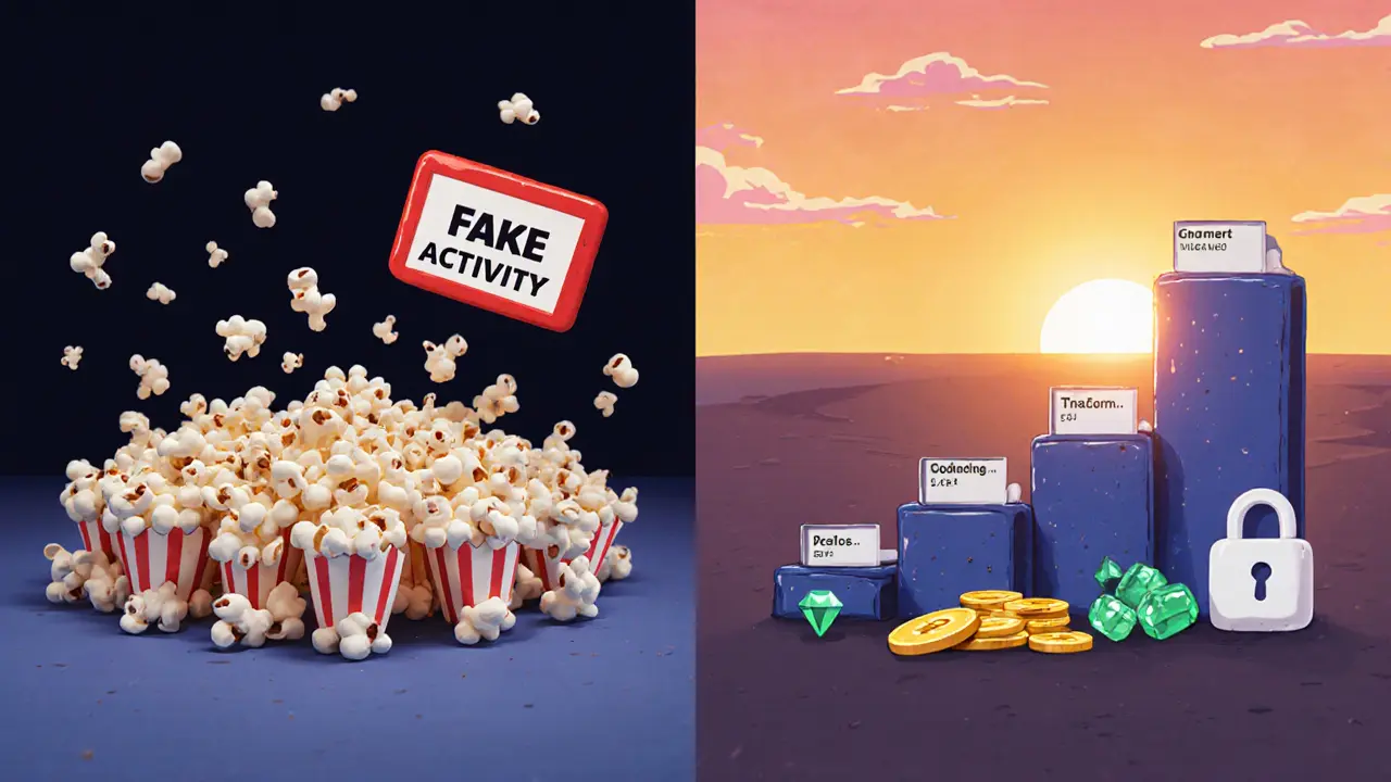 Split scene: chaotic airdrop wallets vs. steady growth of real users with fee coins and TVL gems.