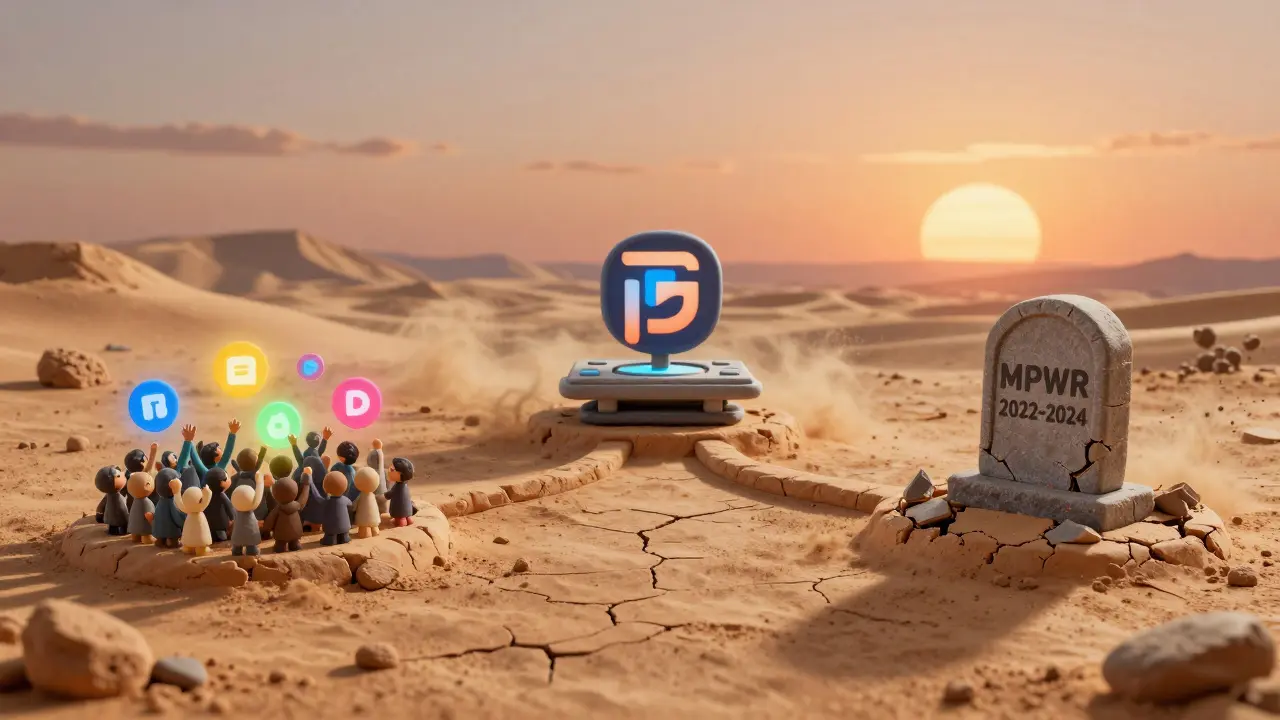 Three desert paths representing MPWR&#039;s possible futures: revival, acquisition, or abandonment under a setting sun.