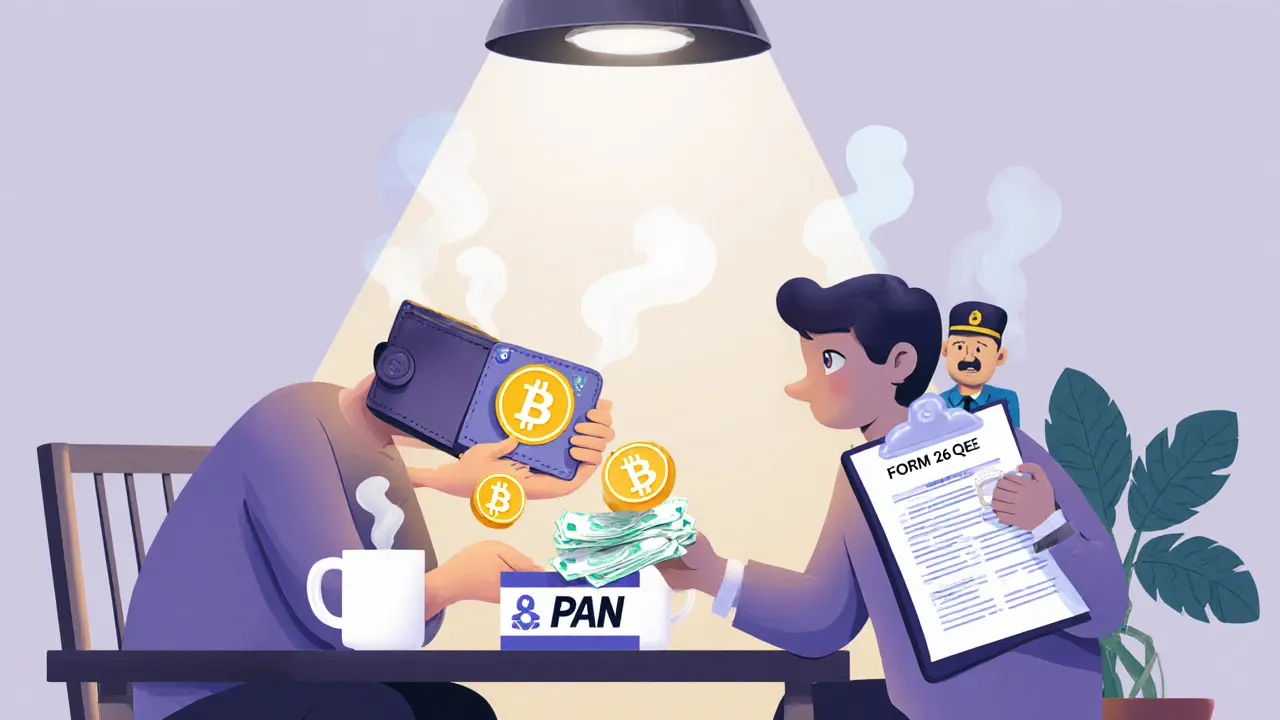 Two people exchange crypto in a café, one holding PAN card and tax form