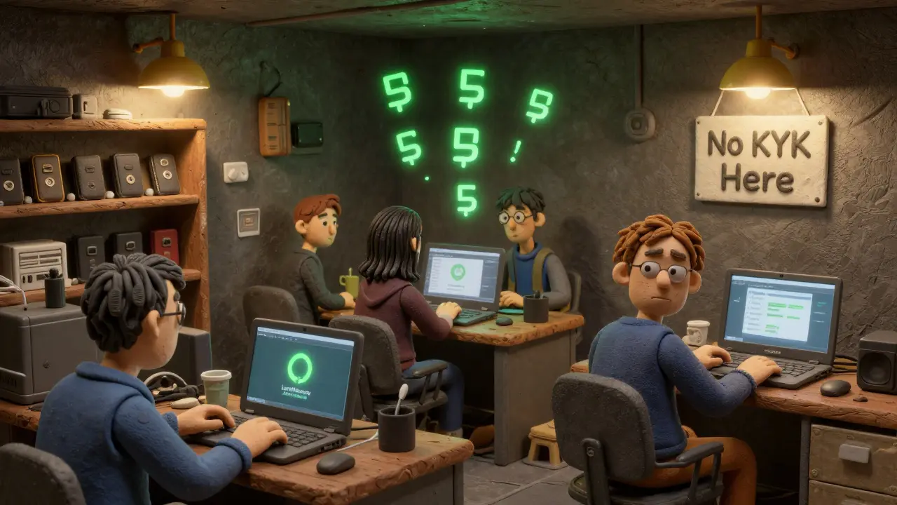 Users trade Monero underground on peer-to-peer platforms with glowing blockchain data.