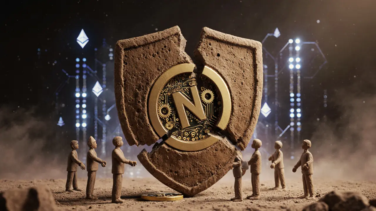 A clay NCT token shield cracked open to reveal internal circuits, surrounded by cybersecurity users