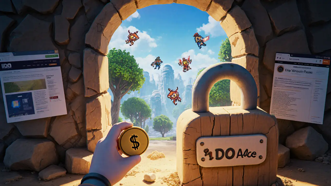 A player unlocks an indie game world by inserting a $GAME token into a wooden lock.