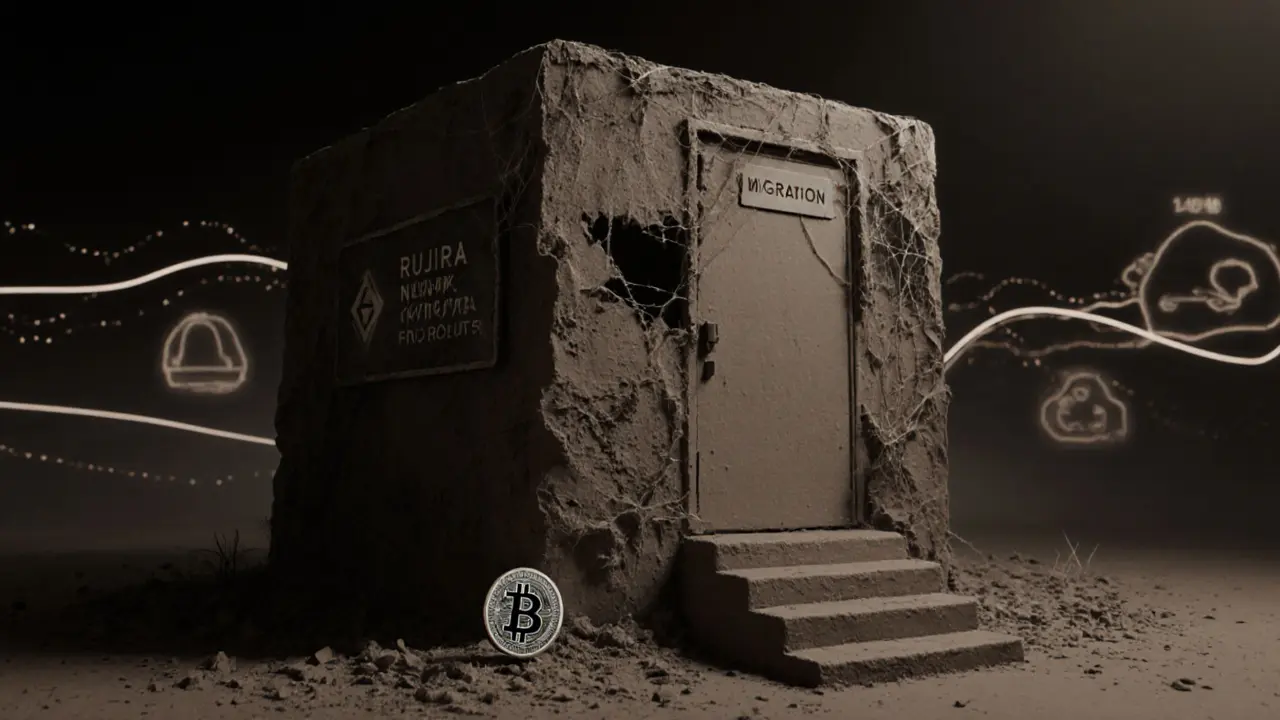 Abandoned blockchain node with peeling Rujira migration signs and rolling LVN token