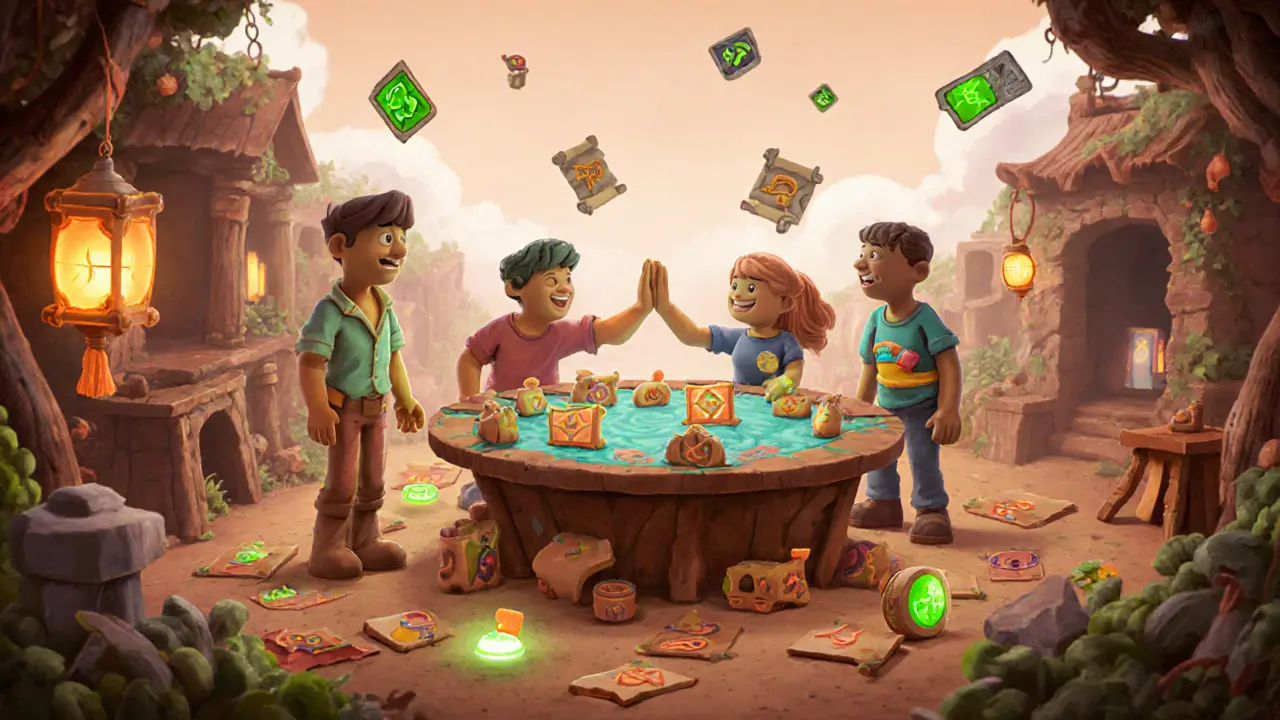 Community of players and developers celebrating around clay NFTs and staking lanterns.