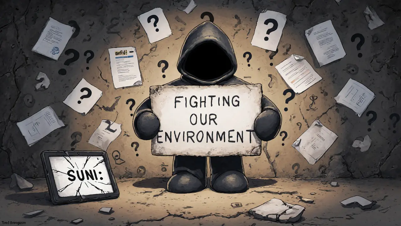 Mysterious figure holding a blank sign in front of crumbling blockchain symbols and empty whitepapers