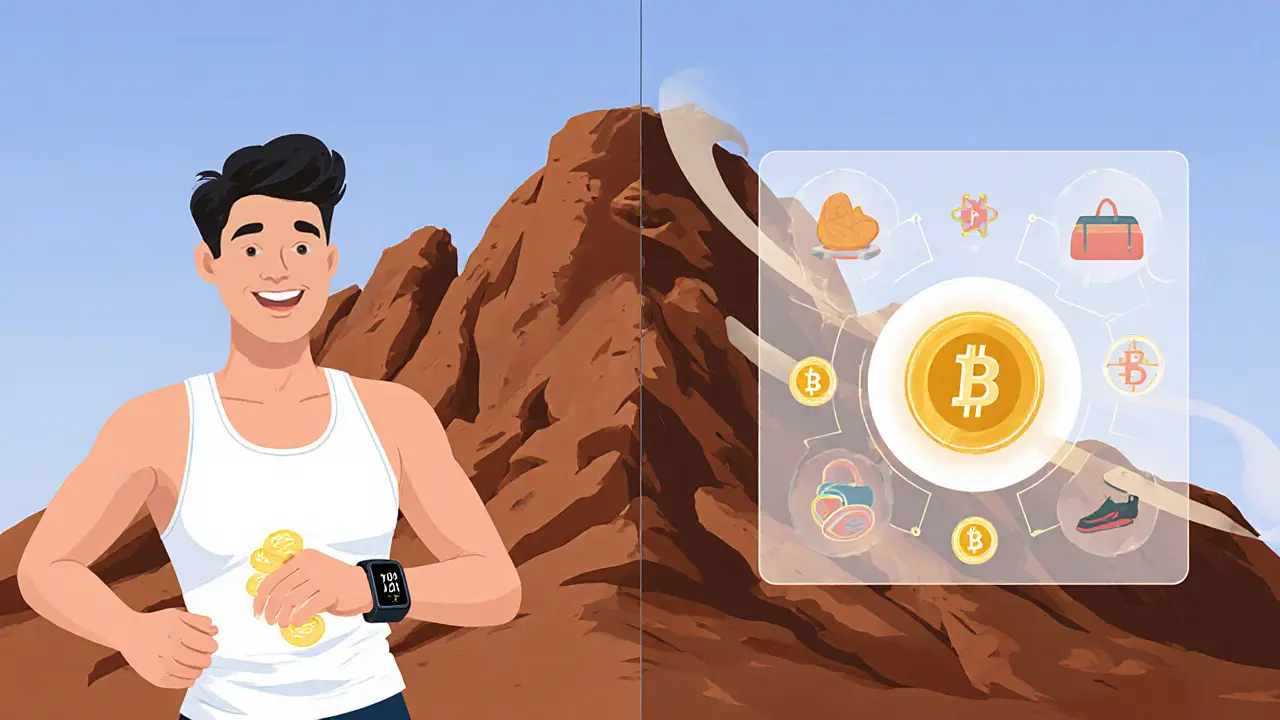 Person earning LIV tokens from a workout, unlocking a digital fitness plan with glowing rewards in a clay illustration style.