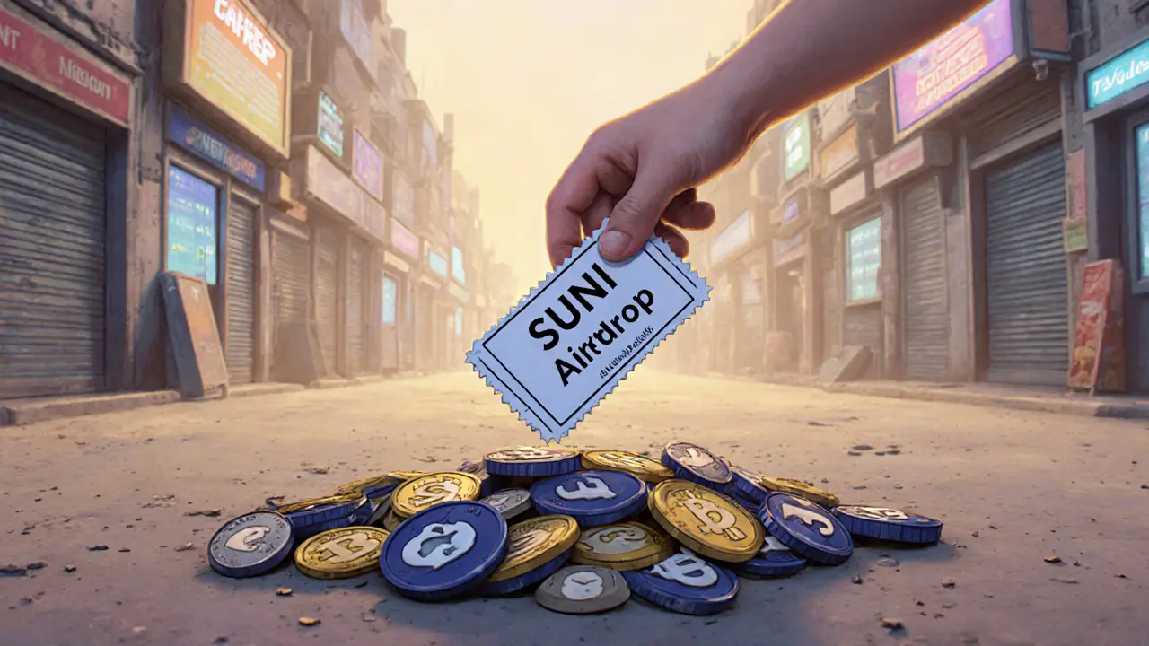 Single SUNI airdrop ticket among discarded crypto tokens in an empty digital marketplace