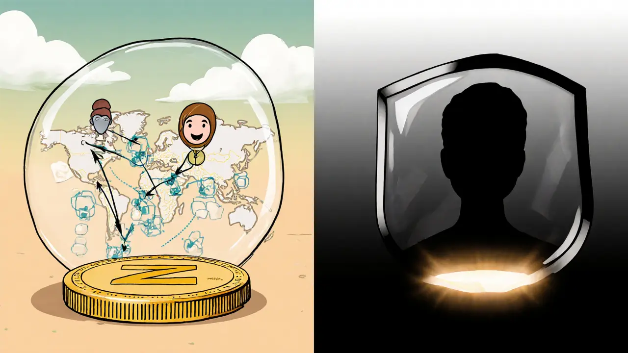 Split illustration comparing transparent and shielded Zcash transactions.
