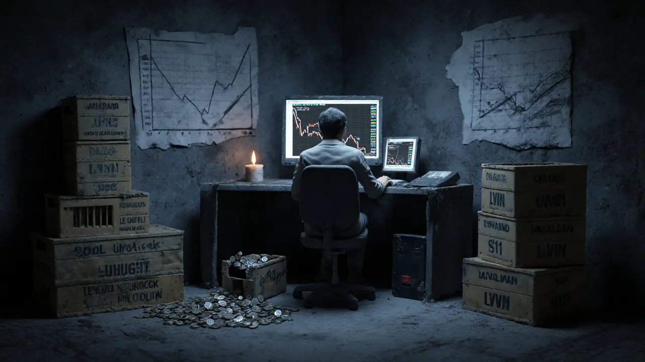 Trader staring at a crashing LVN price chart surrounded by unlocked token crates
