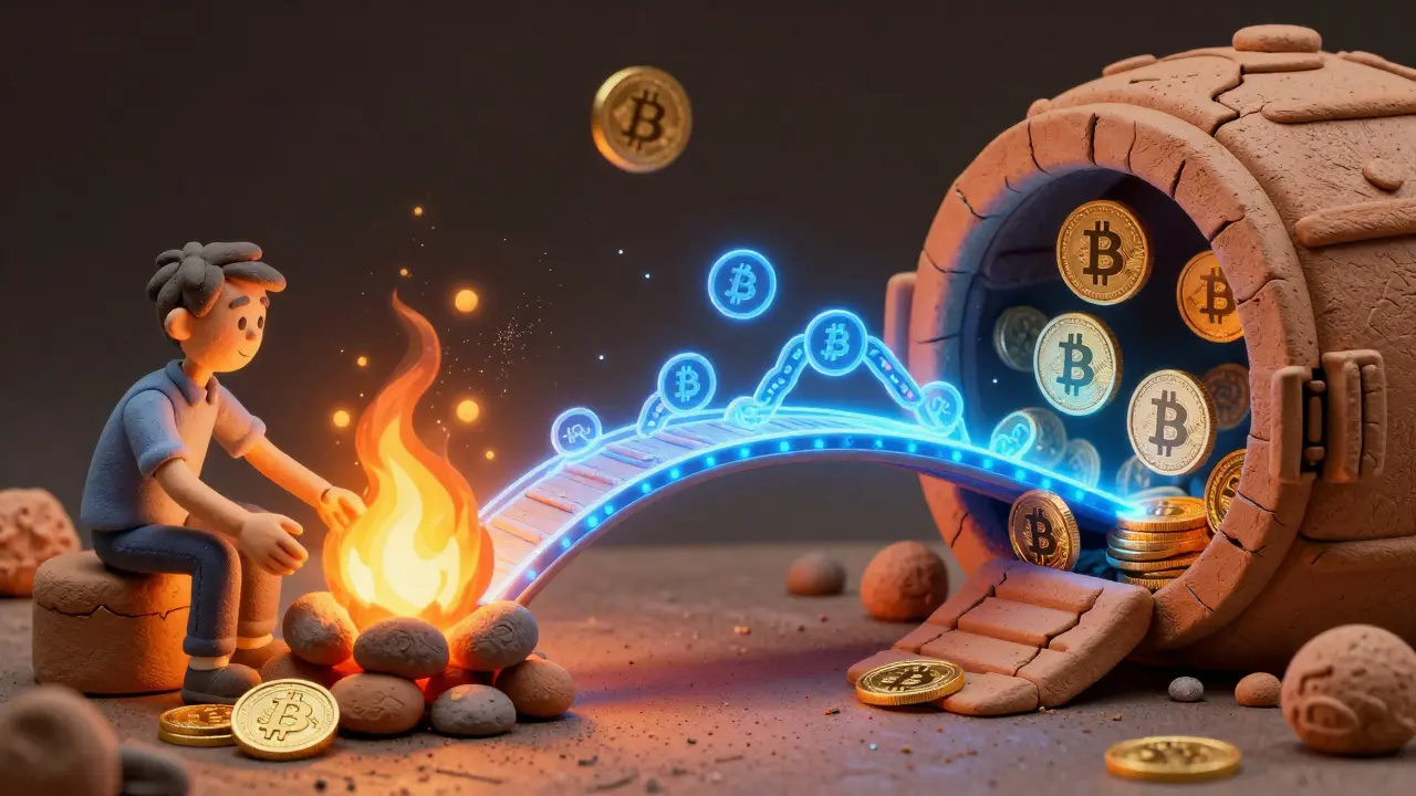 WBTC burning on one side while Bitcoin emerges from a vault, connected by a glowing smart contract bridge.