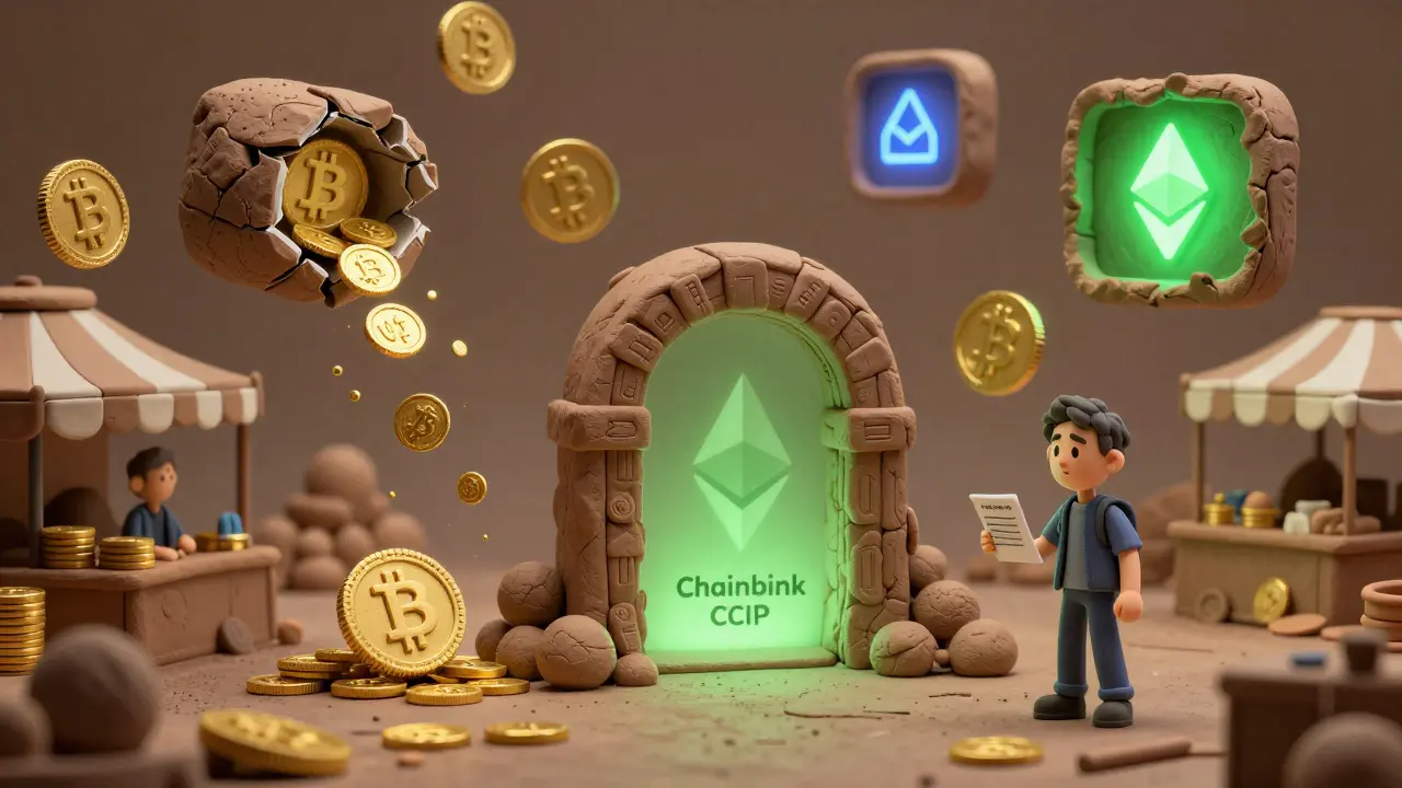Wrapped tokens flowing between blockchain portals in a clay marketplace, with one broken portal leaking coins.