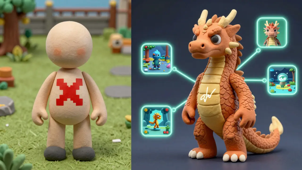 A character compares a fading generic skin to a glowing NFT dragon skin connected to multiple game worlds.