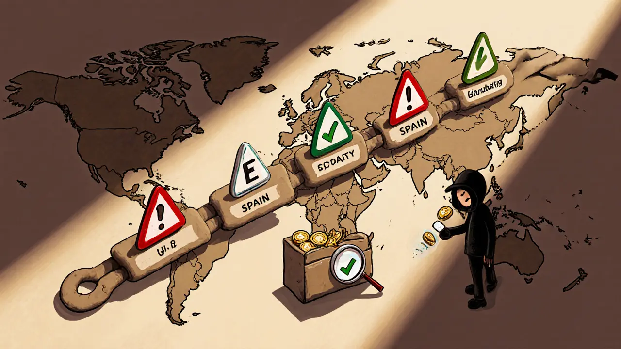 A clay blockchain connecting countries, with red tags on criminal wallets and green checks on law enforcement badges under a magnifying glass.