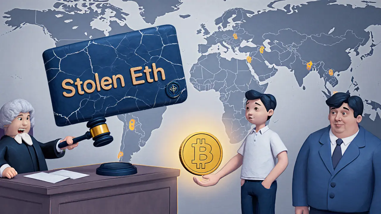A clay courtroom scene where a victim receives stolen crypto back from a Treasury clerk, with global seizure maps in the background.