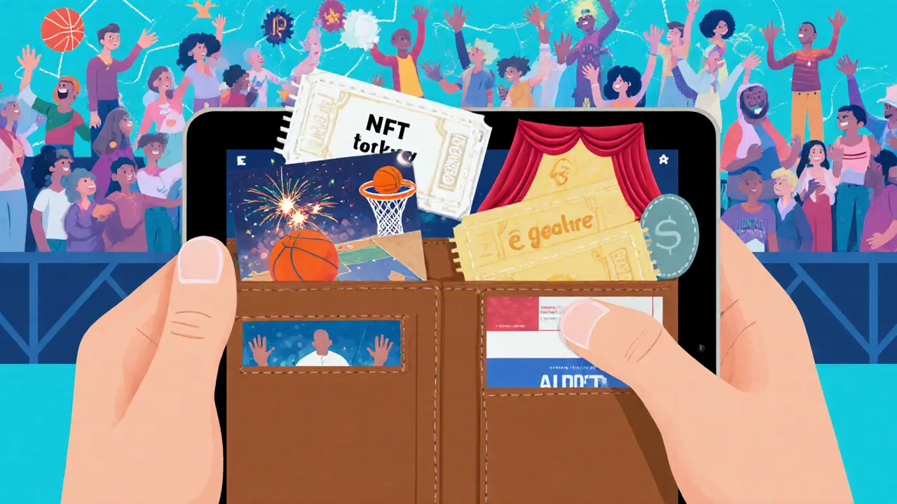 A digital wallet displays a collection of animated NFT tickets from past events, connected by loyalty reward threads.