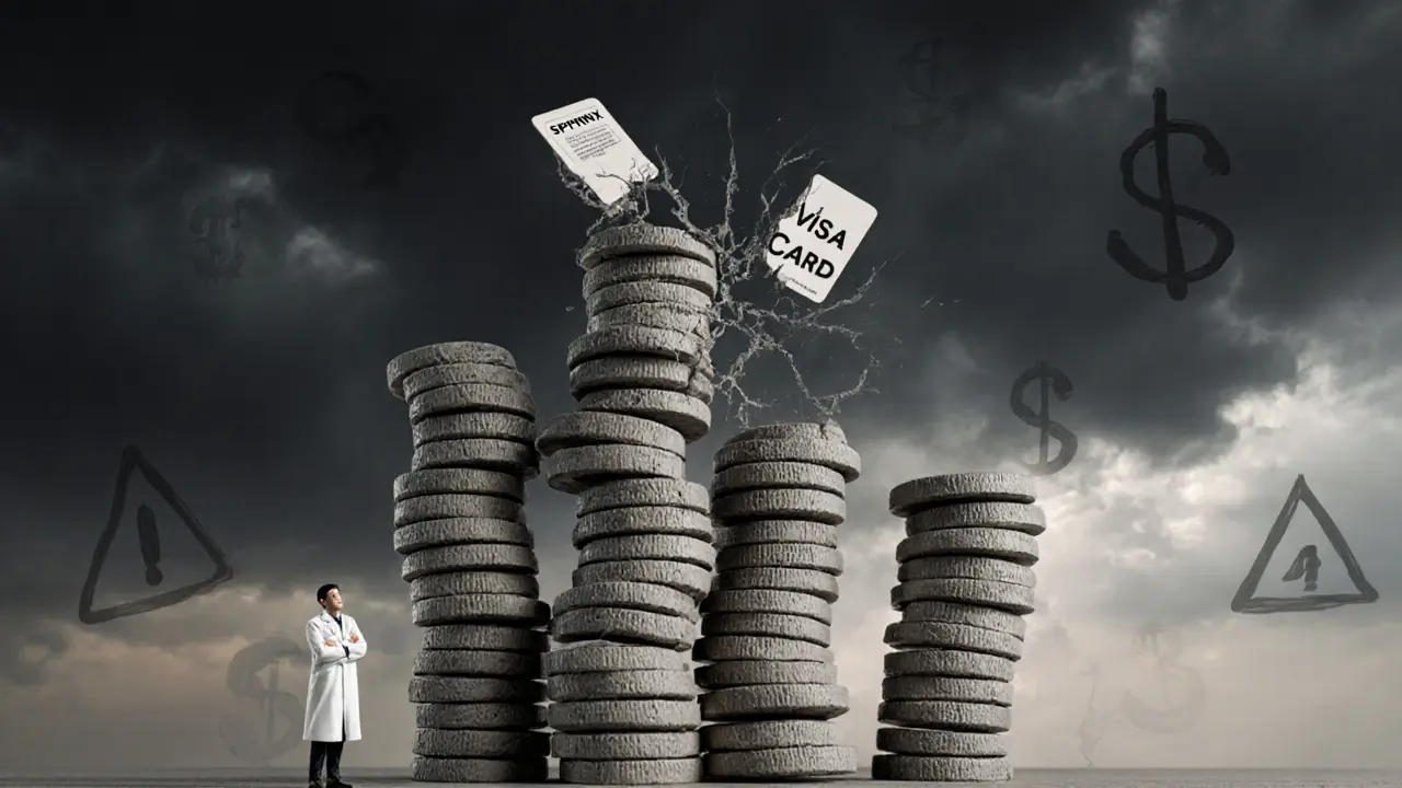 A fragile tower of SPHYNX tokens collapsing on 19 blockchain pillars, with a cracked Visa card pillar under pressure.