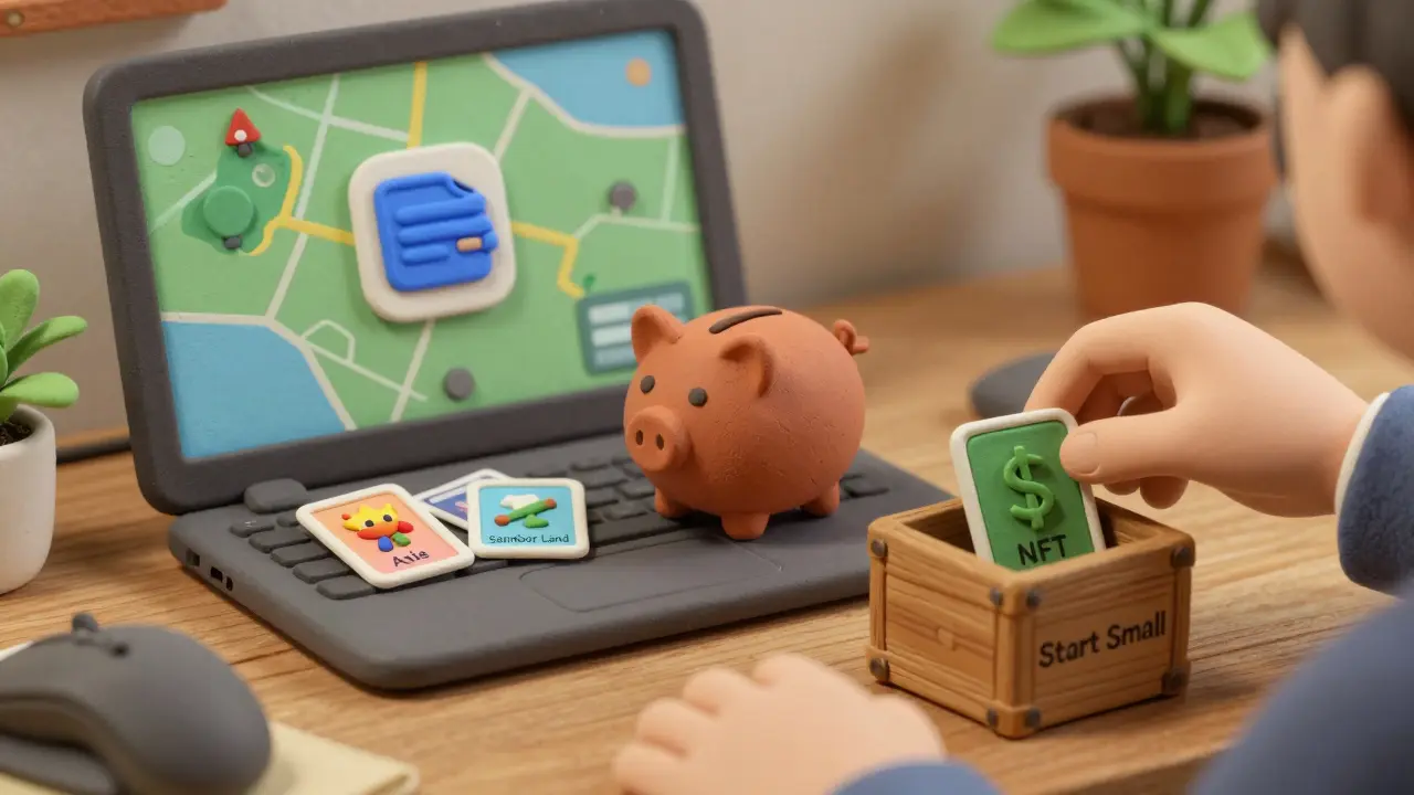 A gamer&#039;s desk with clay NFT figurines, a wallet piggy bank, and a  NFT being placed in a start-small box.