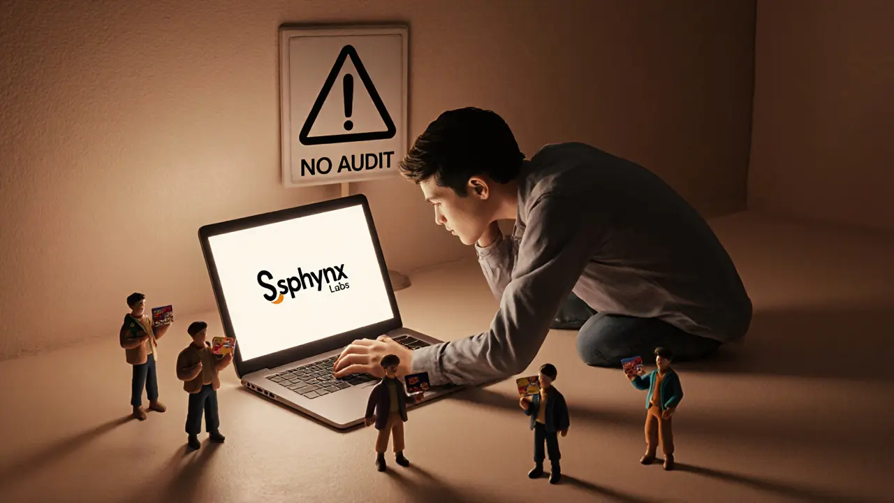 A lone investor surrounded by clay figurines of global users, facing a glowing Sphynx Labs screen with a looming &#039;No Audit&#039; warning.