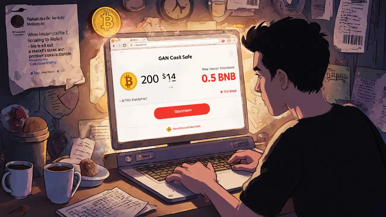 A user stares at a laptop showing low GAN tokens and a high gas fee notification.