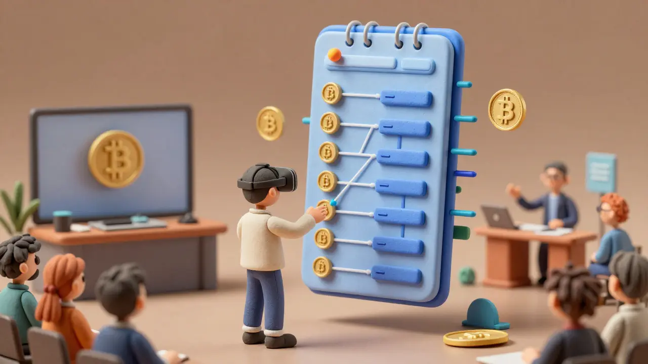 A user viewing a blockchain ledger connected to Bloktopia’s tower, surrounded by learners at a crypto workshop.