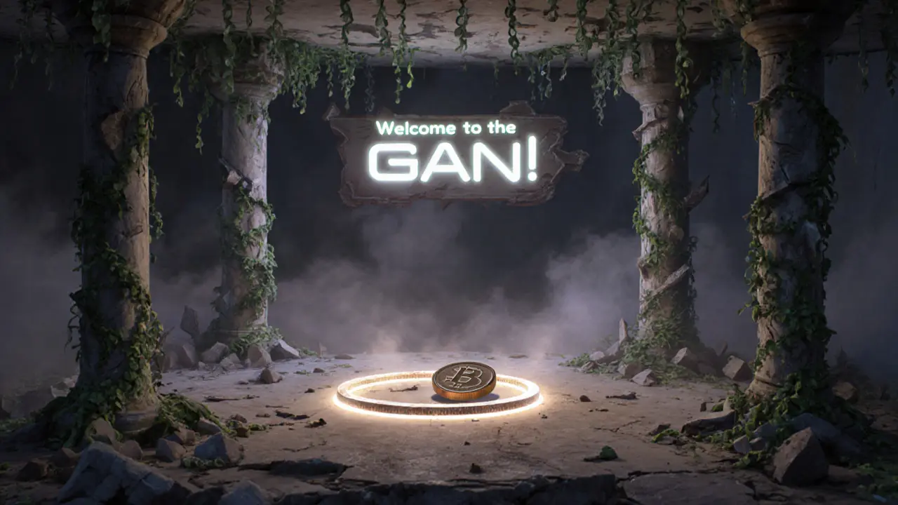 An abandoned digital arena with a lone GAN token rolling on the floor in the dark.