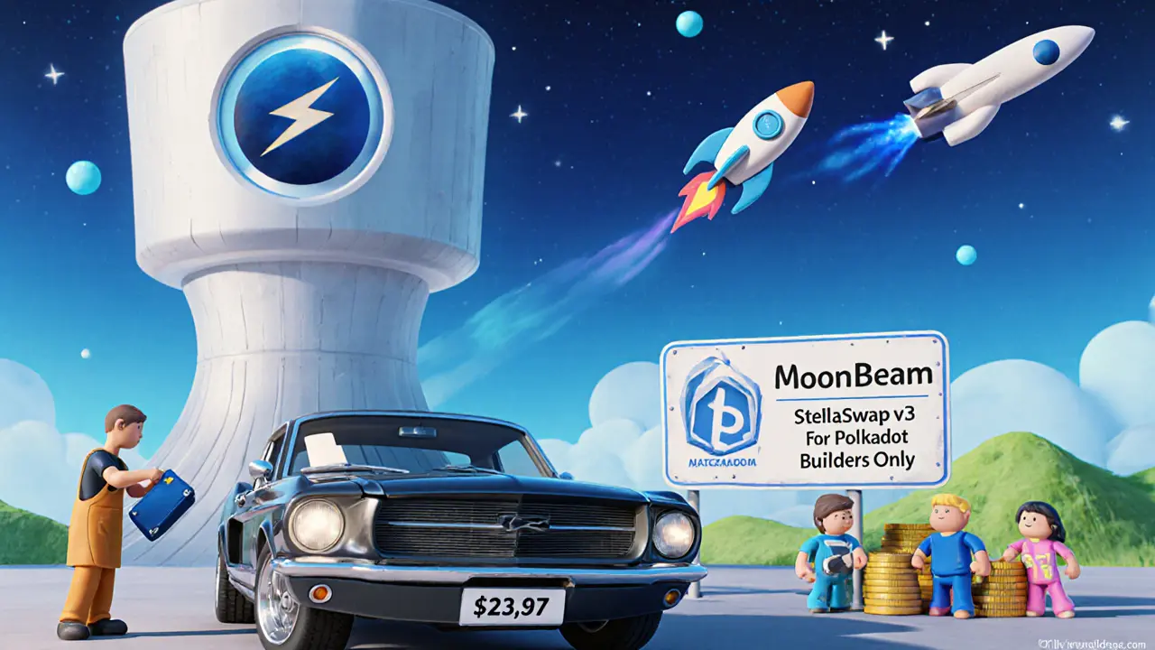 Classic Mustang parked at Moonbeam tower, symbolizing StellaSwap as the specialist for Polkadot users.
