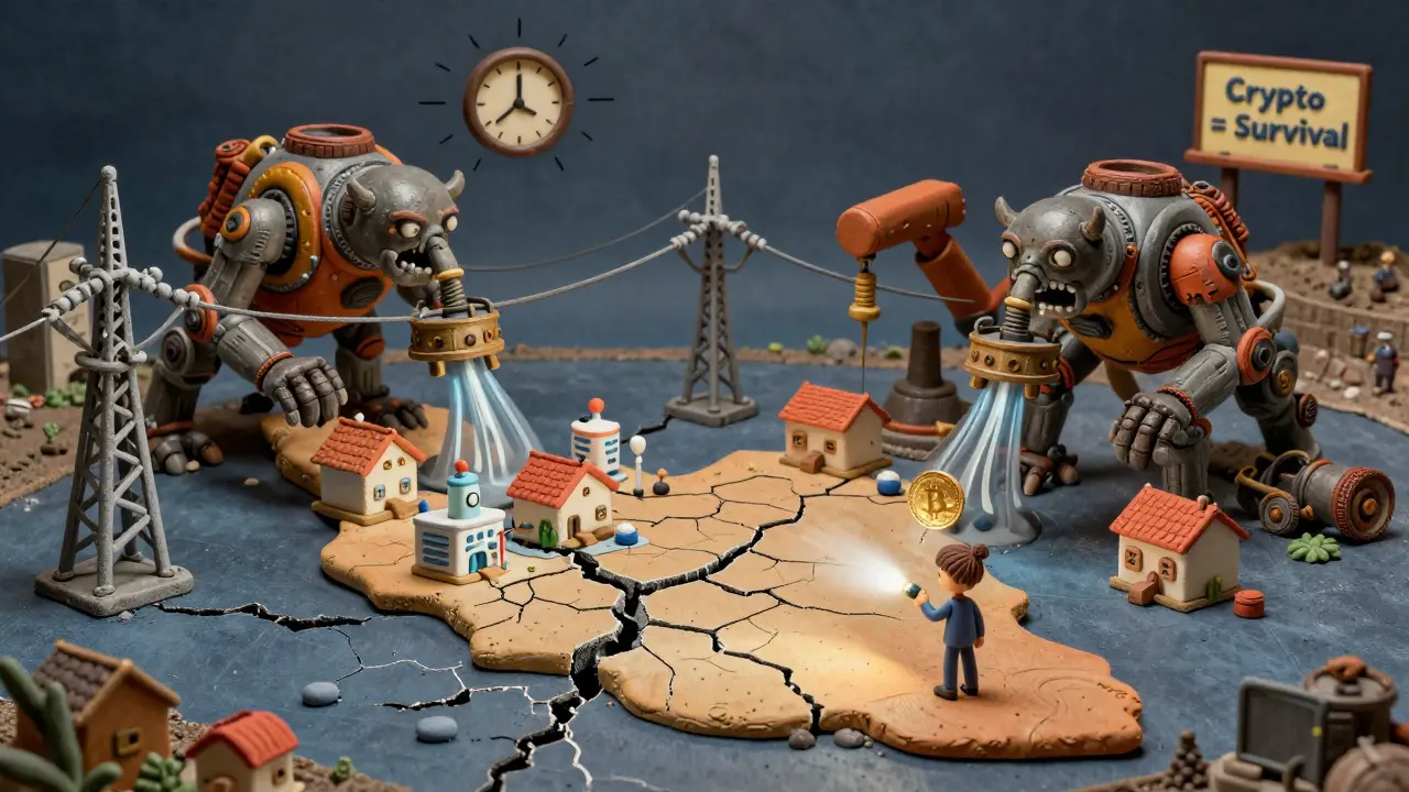 Clay-rendered scene of Iran&#039;s power grid collapsing as electricity is siphoned to mining rigs while citizens suffer blackouts.