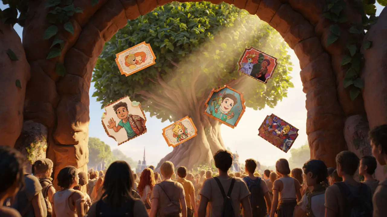 Crowd enters a festival through a glowing arch, with unique NFT avatars floating above each person’s head.