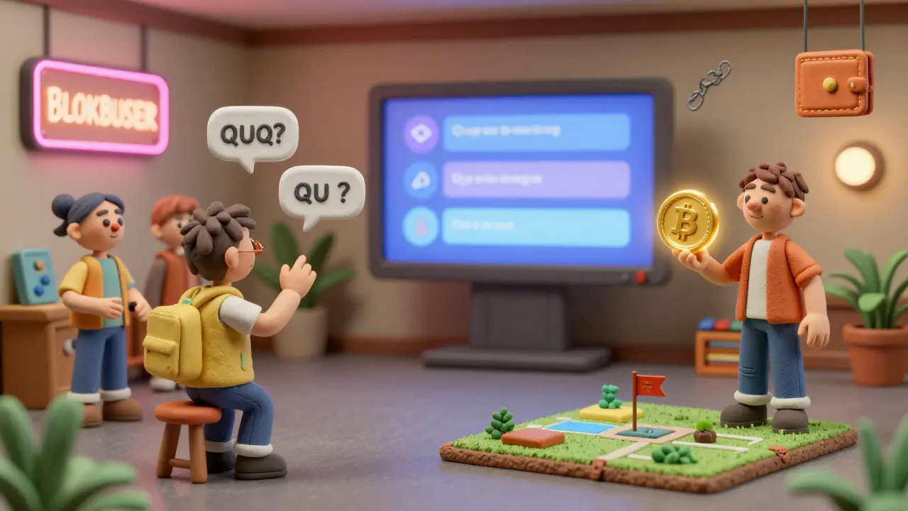 Diverse users exploring Bloktopia’s interior, interacting with quizzes, billboards, and BLOK tokens.