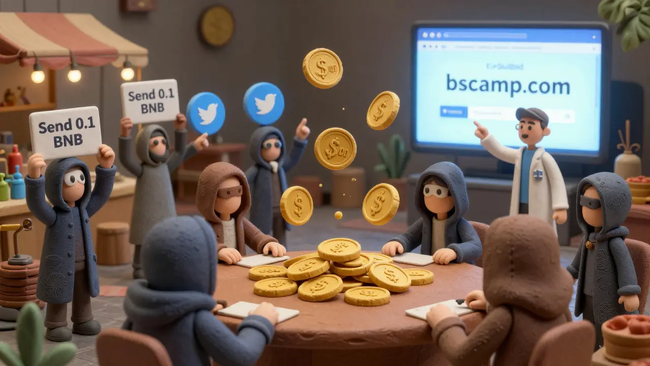 Floating <h2>How to Stay Safe and Spot Scams</h2>.00 BAMP tokens in a marketplace with masked scammers and one verified website glowing.