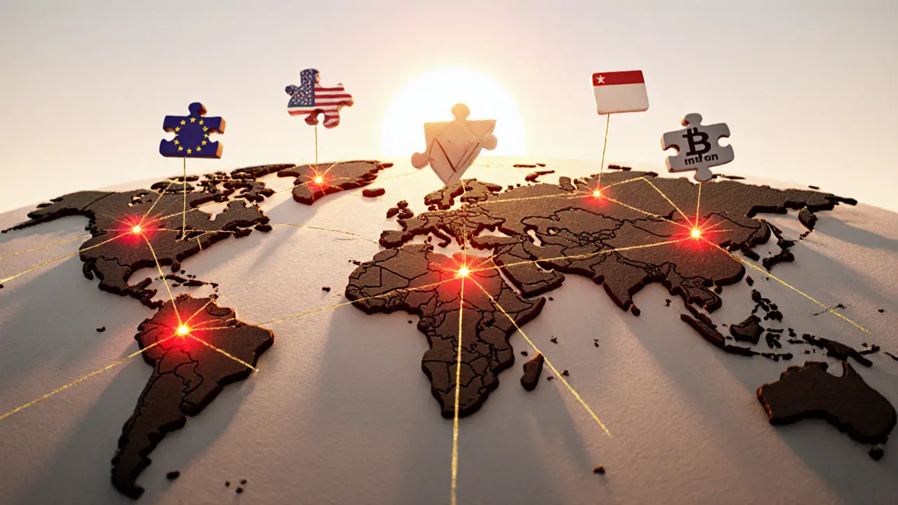 Global clay map showing crypto crime hotspots and international cooperation through data-sharing threads.