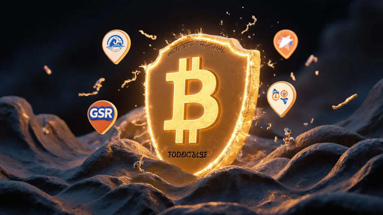 Golden clay shield protects Bitcoin trade from market crash, with AI scanning liquidity sources.