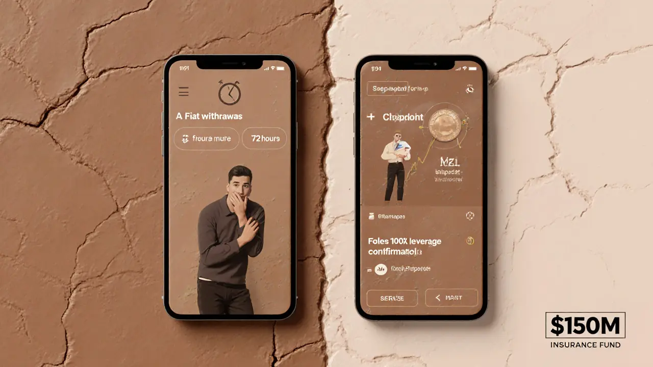 Split-screen: frustrated withdrawal wait vs. confident zero-slippage trade on mobile app.