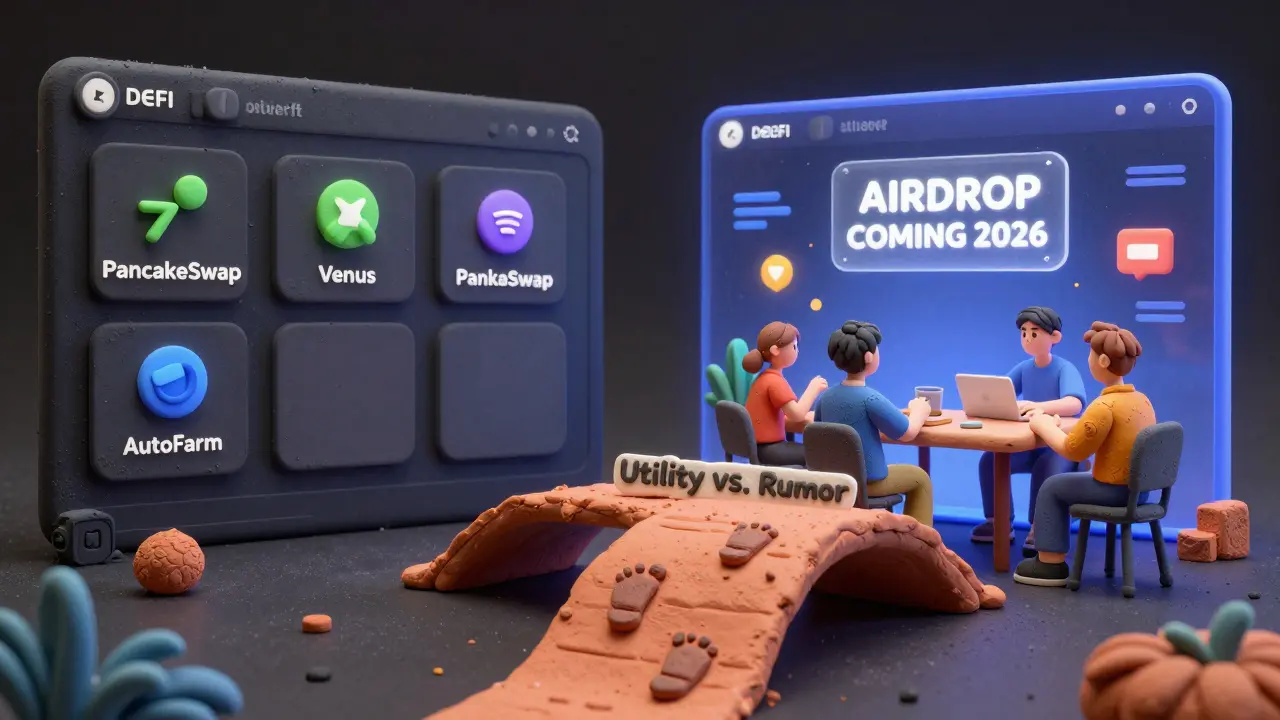 Split view: dusty inactive DeFi dashboard vs. glowing active one, with a bridge labeled &#039;Utility vs. Rumor&#039;.