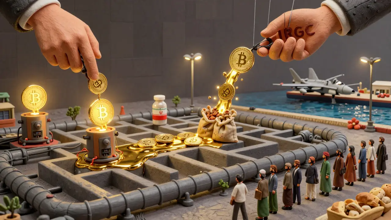 Surreal clay artwork showing Bitcoin flowing into medicine and weapons through hidden international crypto channels.